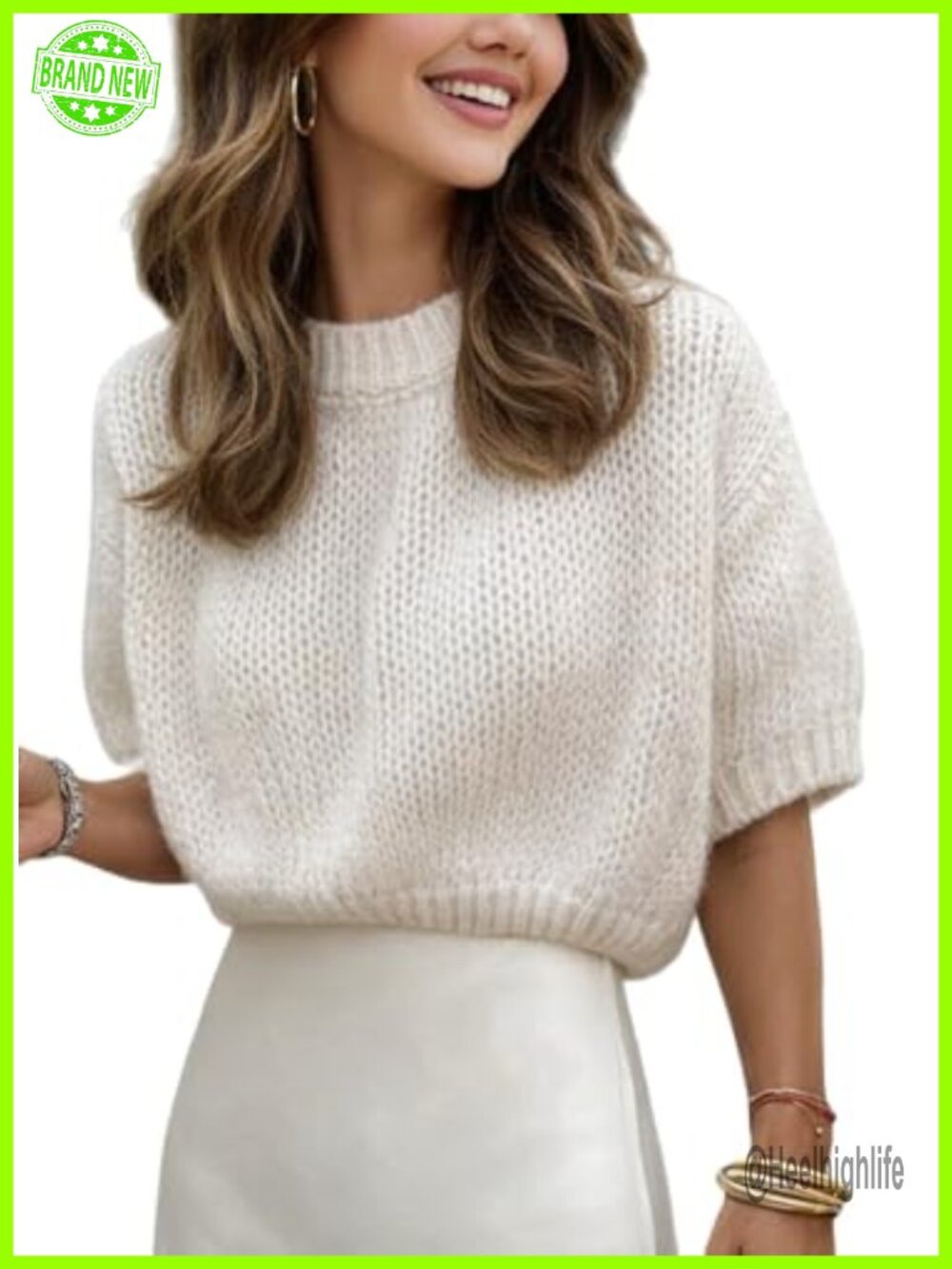 Womens Cropped Knit Sweater Puff Short Sleeve Loose Pullover Top